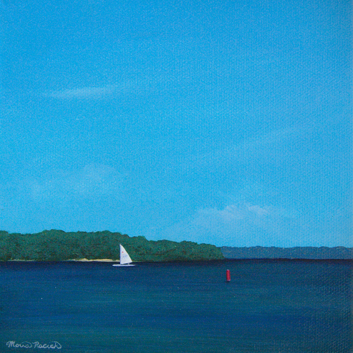 Painting of a sailboat and a red buoy