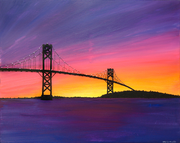 Painting of the Mount Hope Bridge at sunset