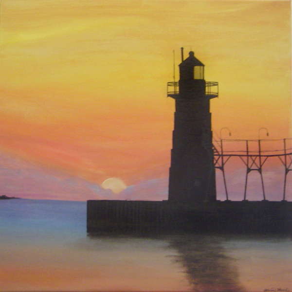 Painting of the South Haven lighthouse at sunset