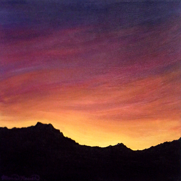 Painting of a sunset over mountains
