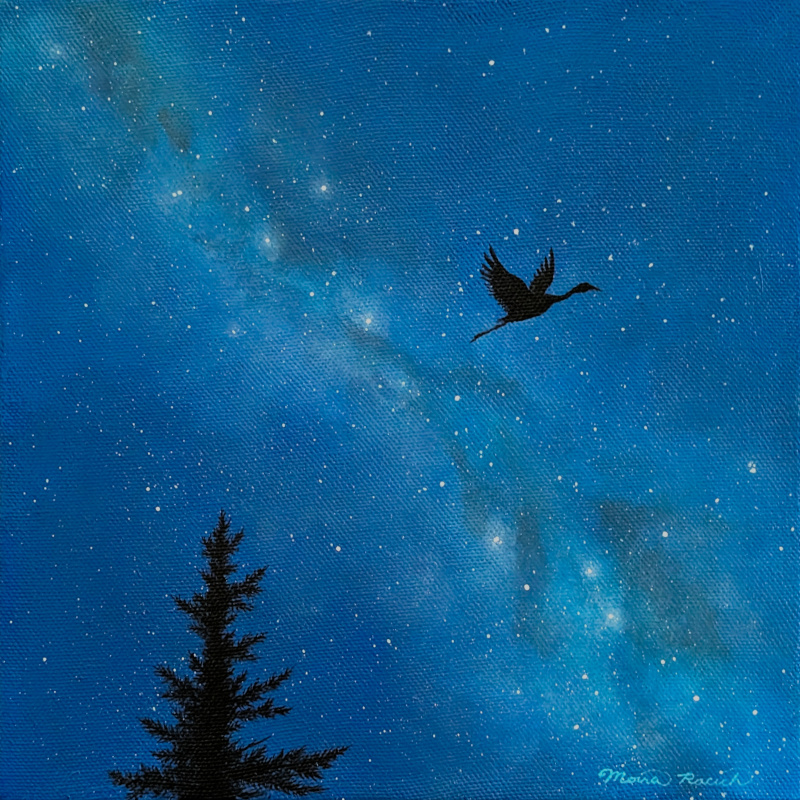 Painting of a crane flying past the top of a tree at night