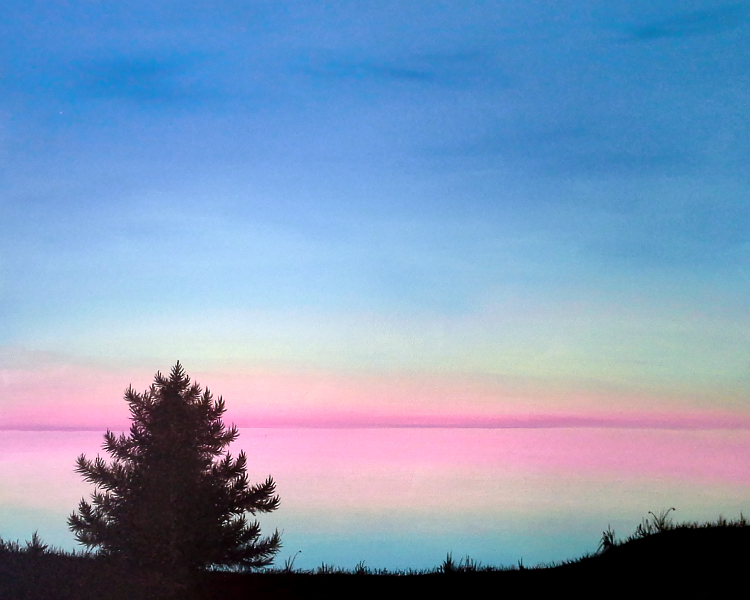 Painting of a tree in front of a lake at dawn