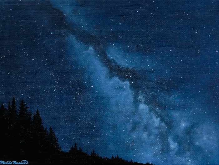 Painting of the Milky Way galaxy with a hill in the foreground