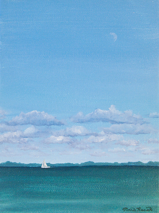 Painting of a sailboat under purple clouds