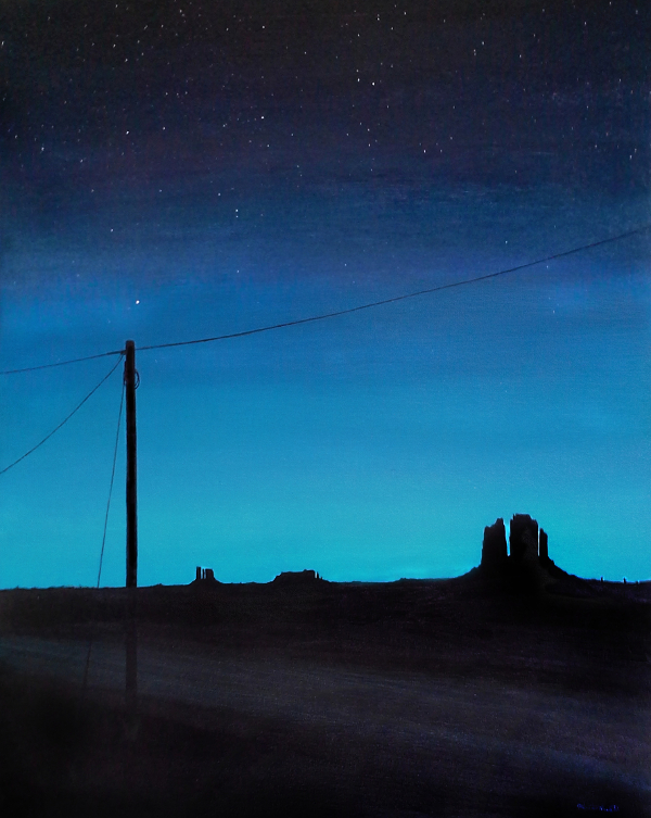 Painting of a telephone pole in the desert at twilight