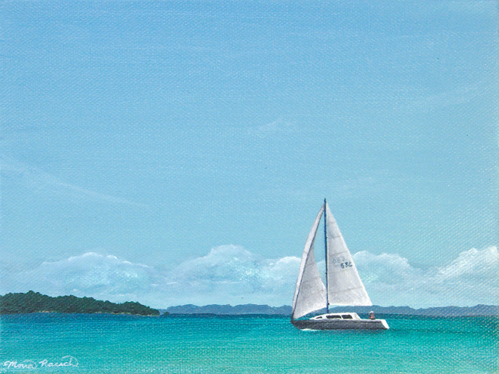 Painting of a sailboat with a sailor