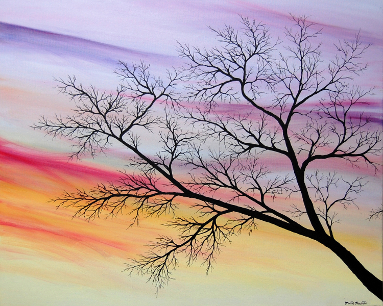Painting of a tree branch at sunrise