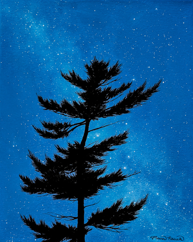Painting of an evergreen tree silhouetted by the Milky Way