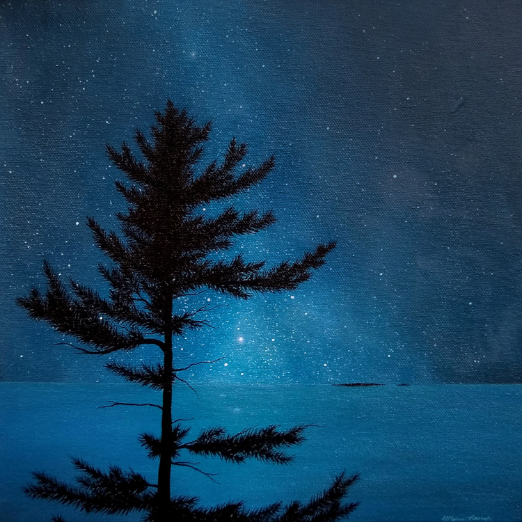 Painting of an eastern white pine in front of Lake Michigan at night