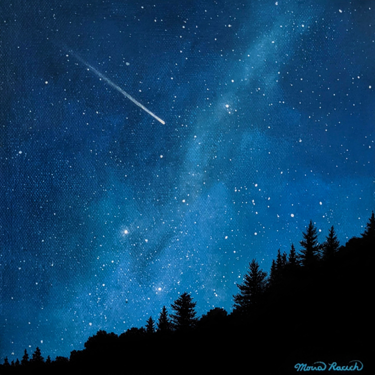 Painting of a meteor falling above a dune