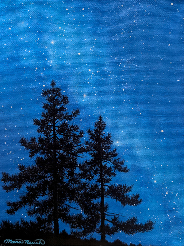 Painting of two evergreen trees silhouetted by the Milky Way