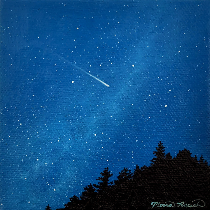 Painting of a tree-covered hill at night with a meteor and the Milky Way
