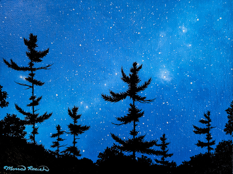 Painting of a pine-covered horizon silhouetted by the Milky Way