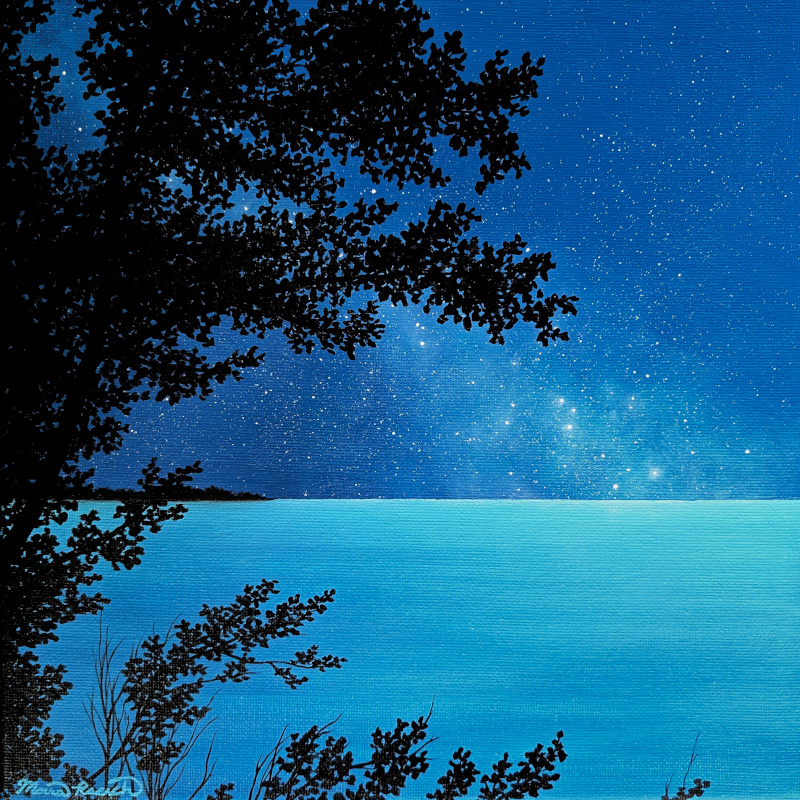 Painting of birch branches silhoutted against a bay at night