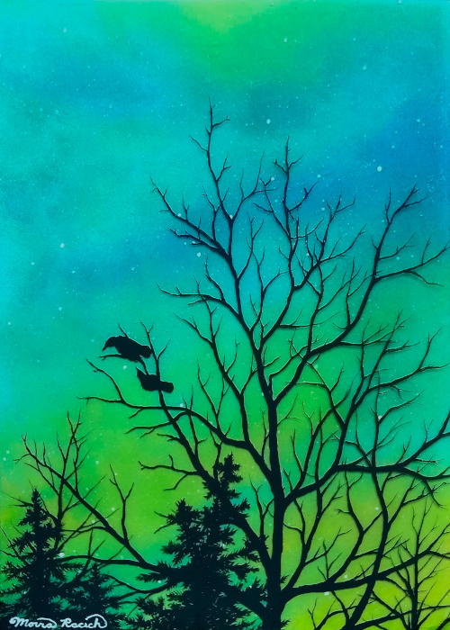 Painting of two crows in a tree