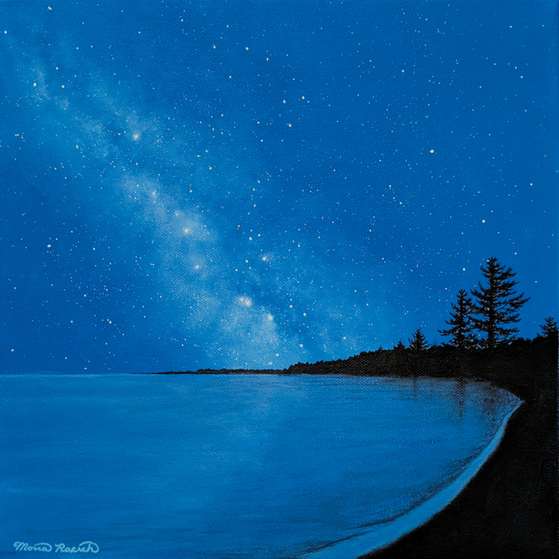 Painting of a pine-lined beach and the Milky Way in the sky above the water