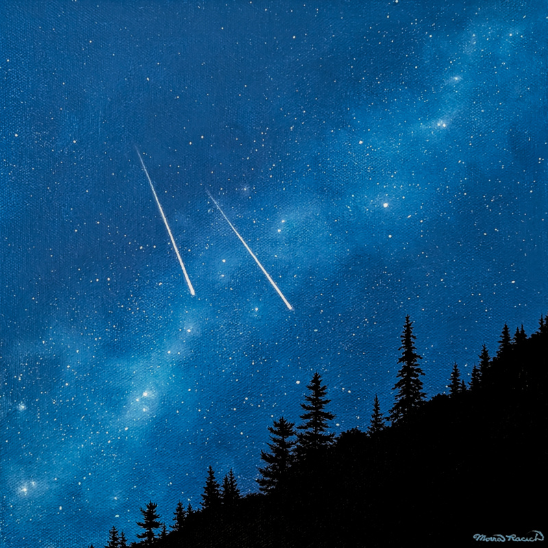 Painting of two falling stars over a tree covered hill