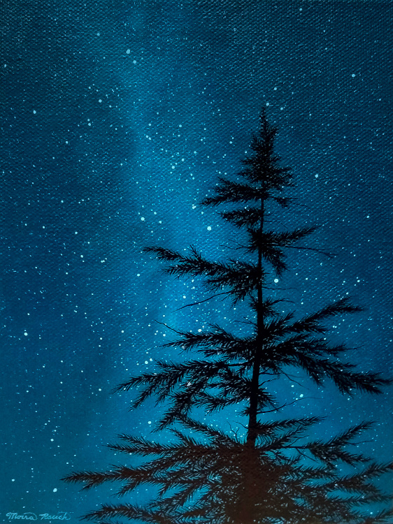 Painting of an old pine in front of the Milky Wa