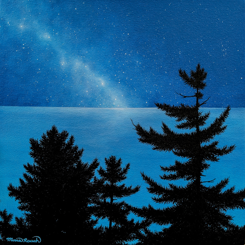 Painting of evergreen trees silhouetted against Lake Michigan at night